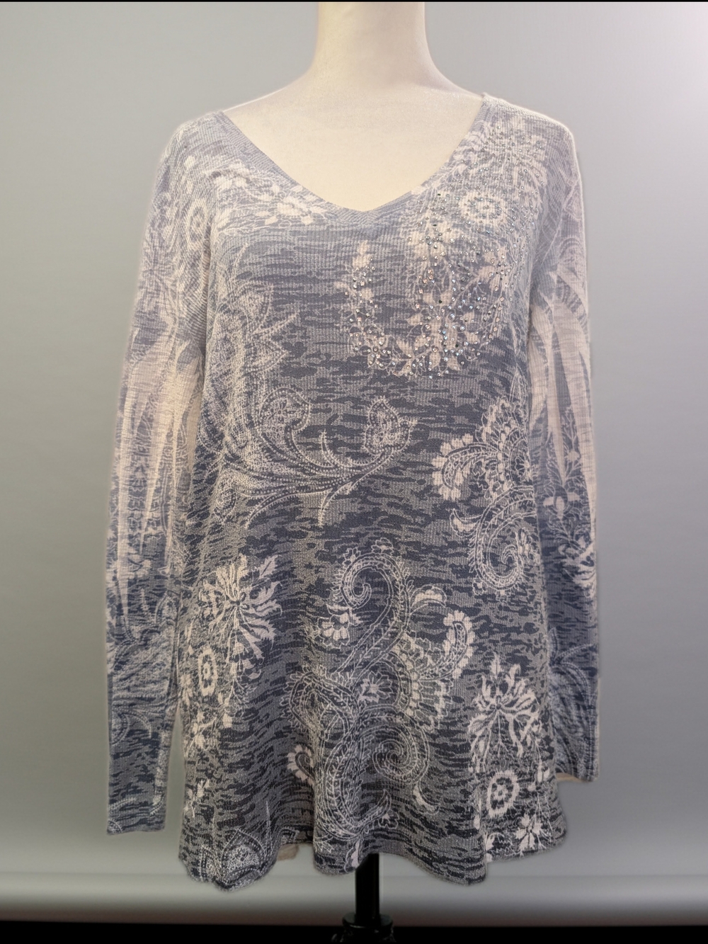 V-neck Long Sleeve Paisley Print Tunic - Purple Gray